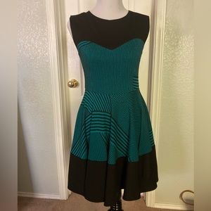 Anthropologie Eva Franco classic teal striped A Line yoke dress w keyhole back
